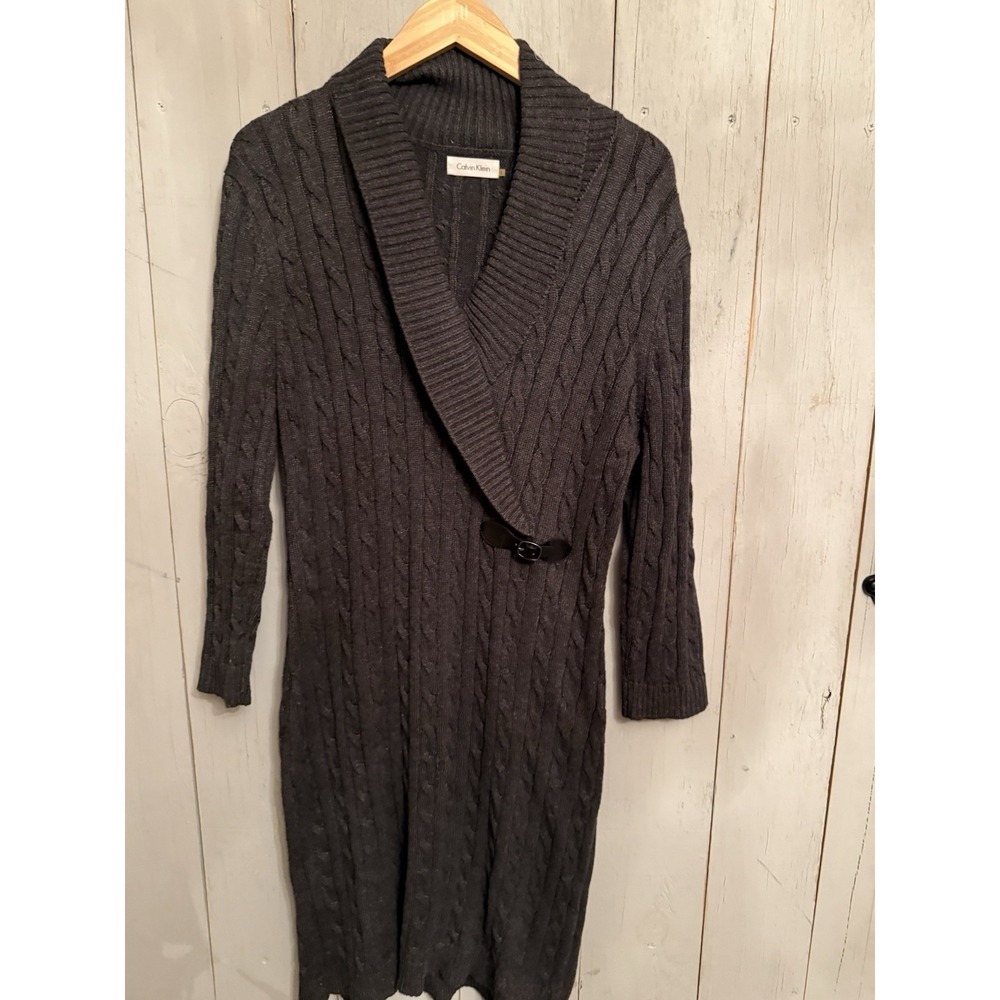 Calvin Klein Shawl Collar Lg‎ Ribbed Sweater Dress Charcoal Gray Belt Accent